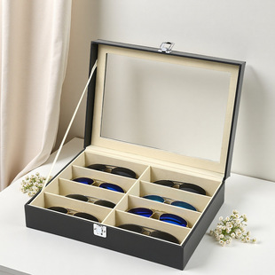 Spot Wholesale Flip-Top Glass Black Leather Partition Dust-Proof Glasses Storage Box Wooden 8-Bit Sunglasses Box