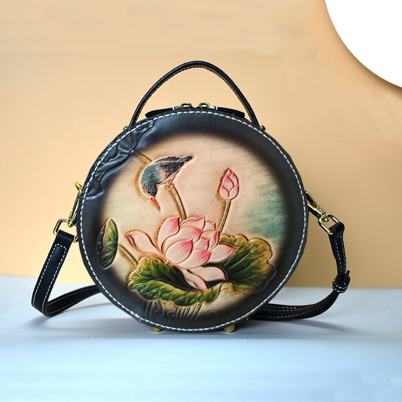 Tiaopijiang Women's Crossbody Bag - Summer Versatile Small Round Handbag, Designer Niche Genuine Leather Hand-Carved Bag - Thumbnail 3