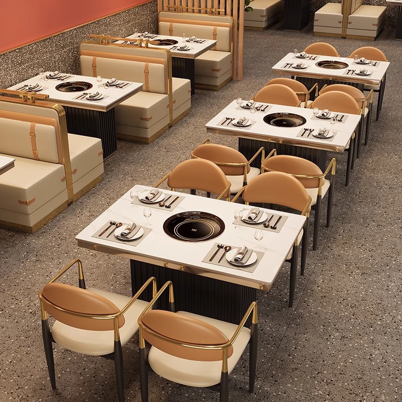 工厂直销批发岩板火锅桌轻奢不锈钢西餐厅桌烤肉店卡座沙发跨境