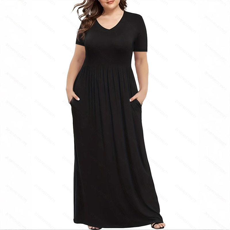 Plus Size Women's Extra-Long Dress, Short-Sleeved Casual V-Neck Loose Dress with Pockets, Versatile High-Waisted and Slimming