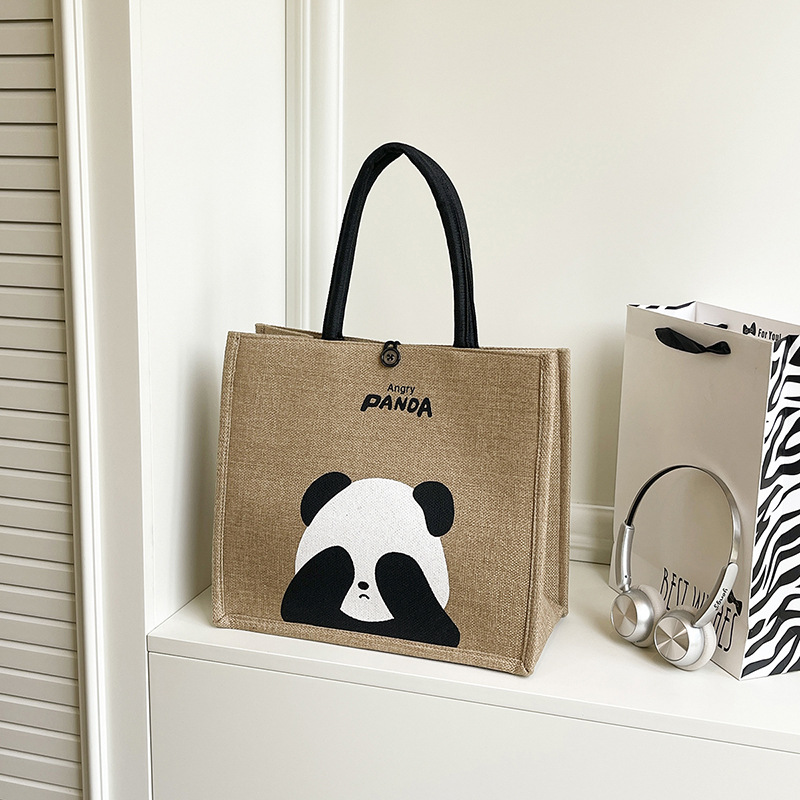 New Portable Tote Bag Linen Tote Bag Cute Panda Retro Linen Shopping Bag Travel Bag Shoulder Bag