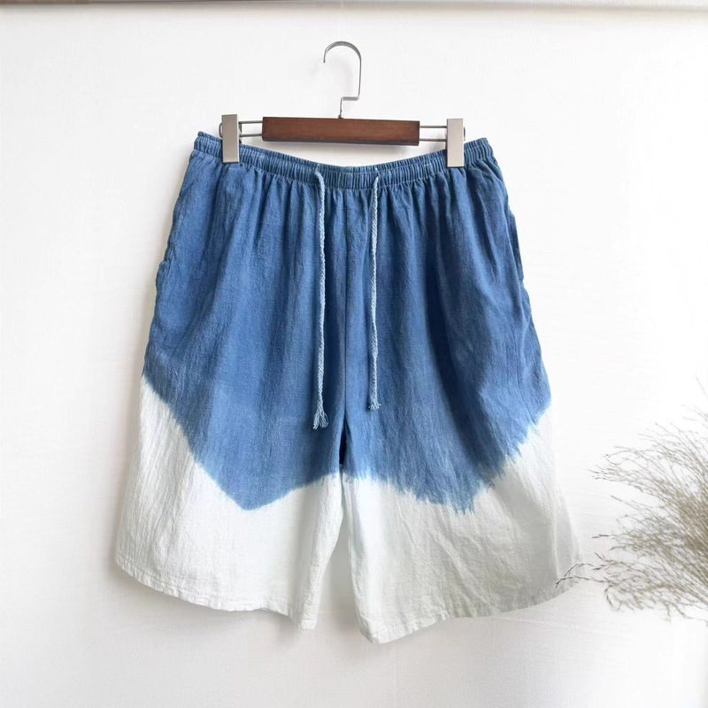 Yunnan Dali Lijiang Men's Tie-Dye Elastic Waist Shorts Beach Pants Plus Size Casual Pants Cotton Linen Short-Sleeve Hot Pants
