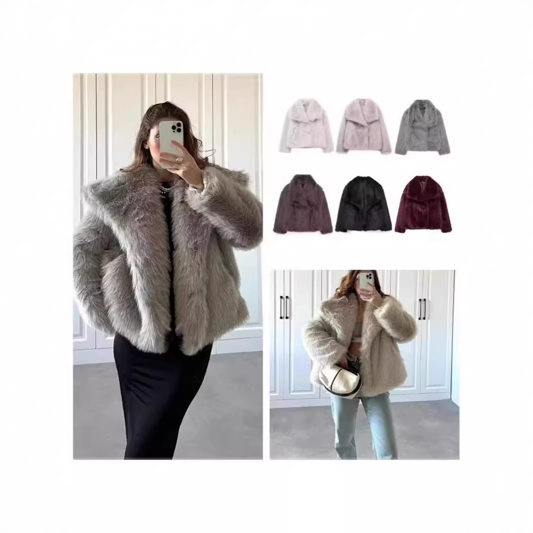 AliExpress foreign trade za women's artificial fur plus fat skimming collar coat women's imitation fox fur 1000g