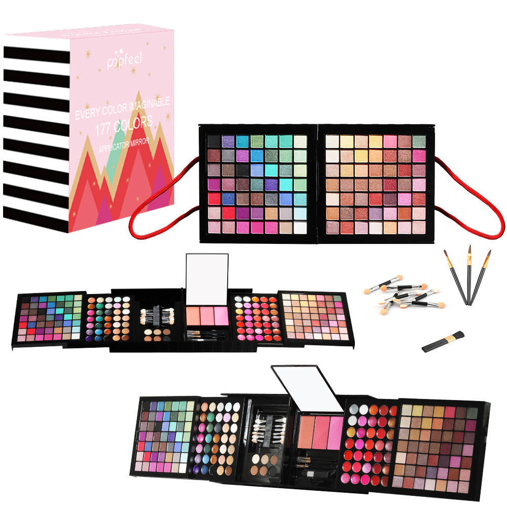 El set POPFEEL incluye una paleta de sombras de ojos de 177 colores, colorete, brillo labial y contorno, viene con brochas, ideal para principiantes y versátil.