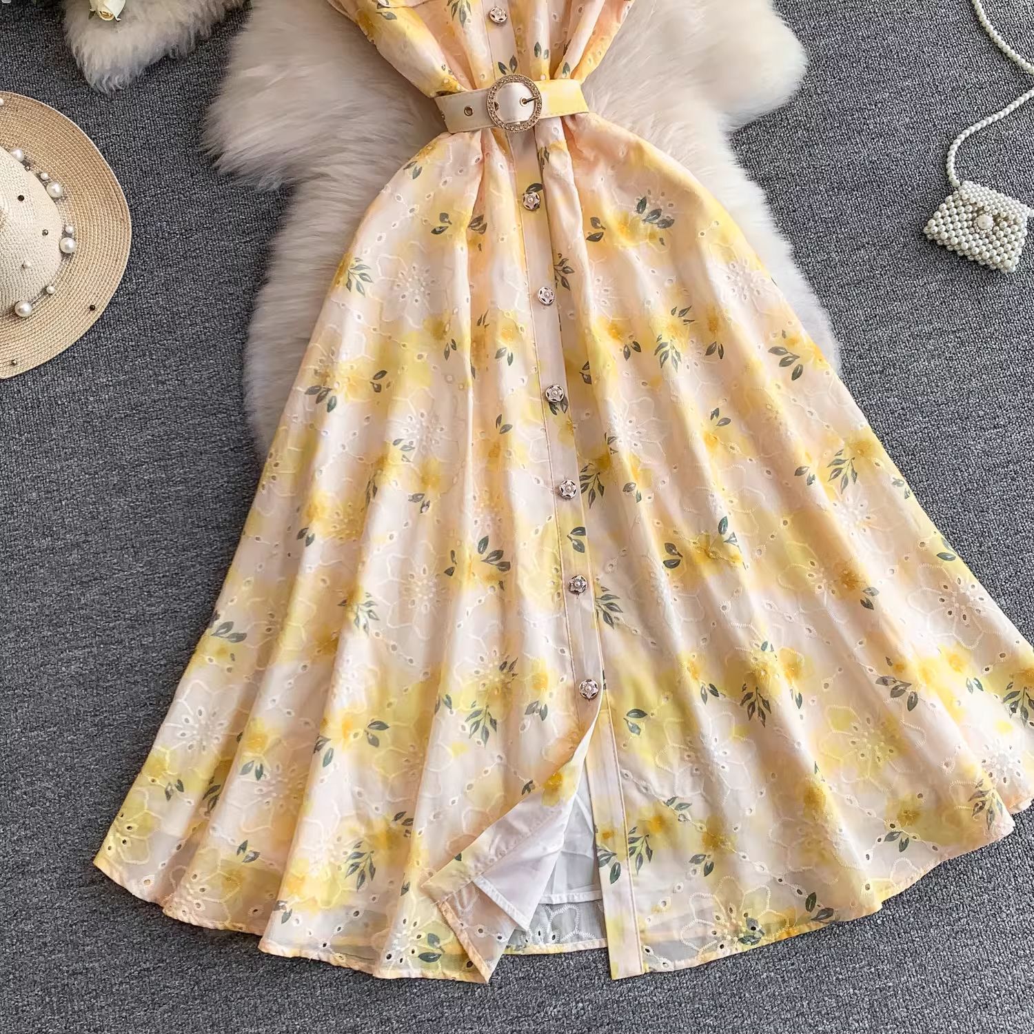 Youthful French Style Embroidered Print Dress With Raglan Sleeves Button Down Waist Cinching Long Light Luxury Summer Dress_ecoleips.com