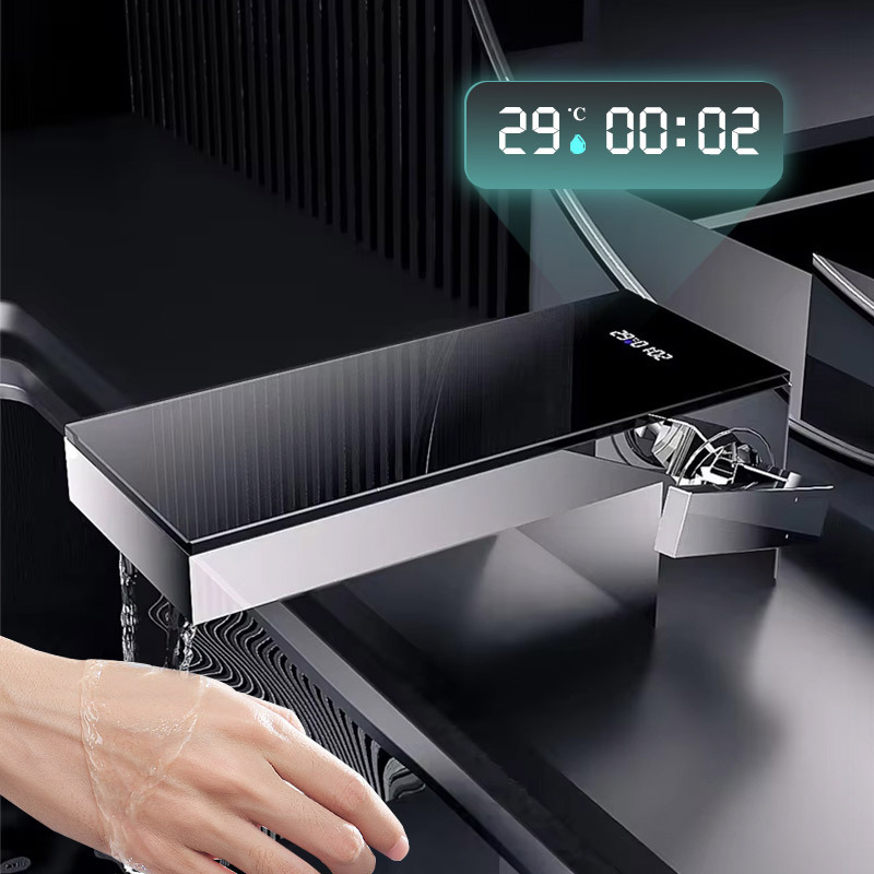 Cross-Border Digital Display Hot and Cold Basin Faucet, Under-Counter Basin with Large Mirror Surface, Waterfall Spout, Bathroom Washbasin Faucet
