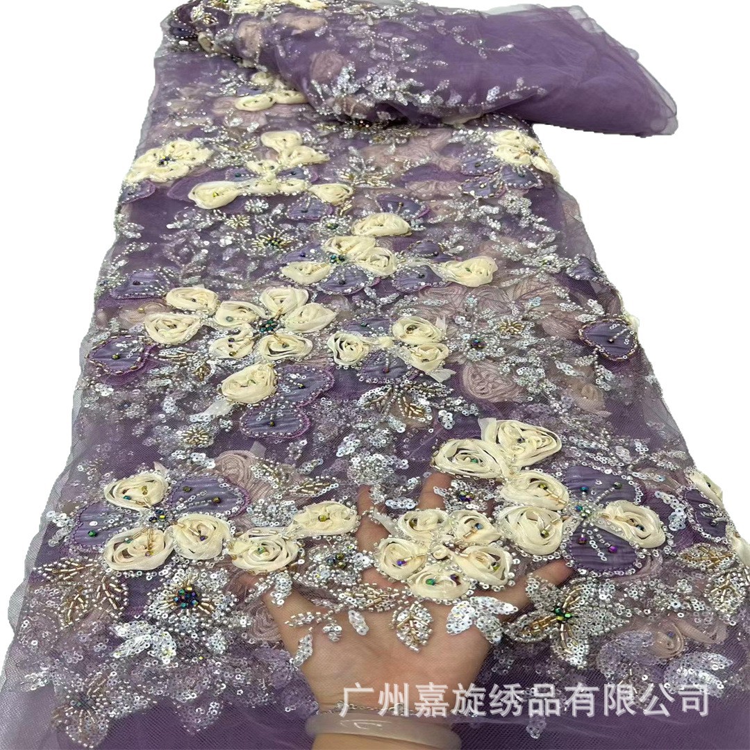 Nueva tela de gasa con bordado de malla de terciopelo con diseño de hojas, tela de encaje para vestidos de novia de moda africana.