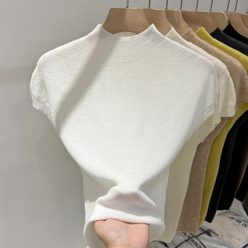 半高襟飛袖ニット服女性夏2025新型欧品修身袖なし上着底シャツ女性インナー|undefined