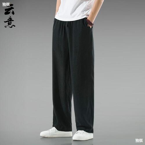 Summer Chinese-style linen pants for men, loose-fitting, plus-size casual pants with a vintage vibe—breathable, straight-leg, cotton-linen pants in Hanfu style.