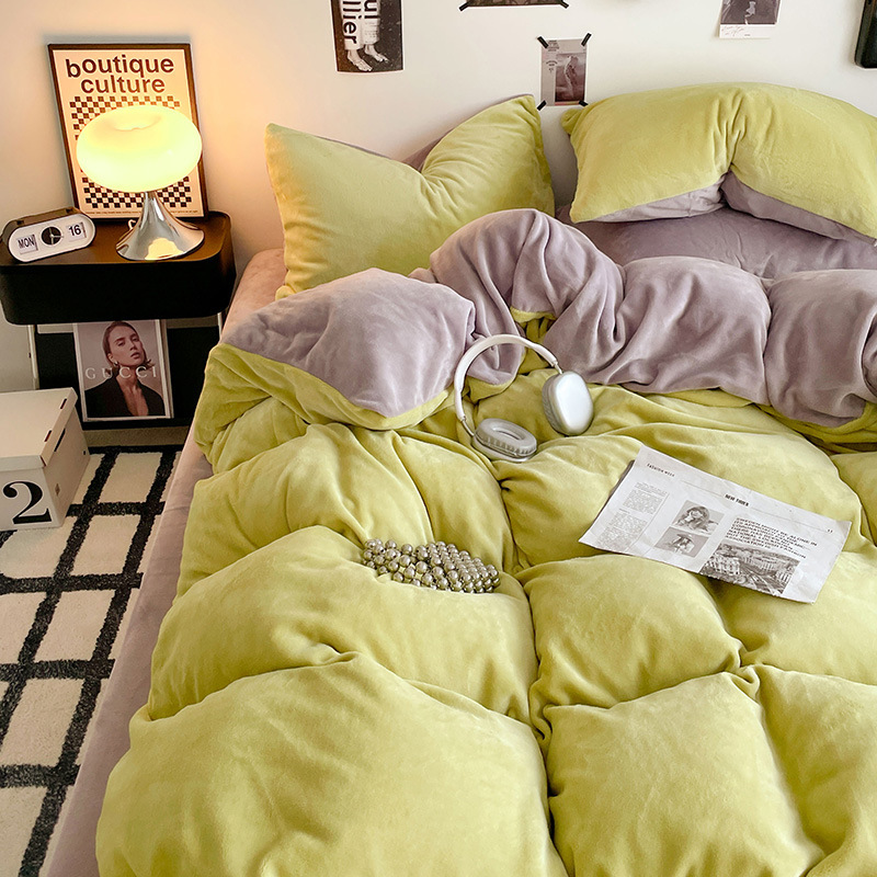 ミルクパイル4点セットA類母子級サンゴパイル布団カバー純色シーツ保温寮3点セットベッド笠金