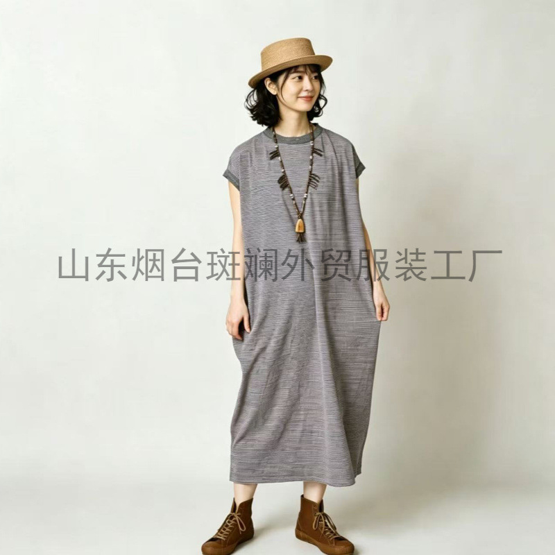 Original Factory Direct Supply Export Clothing Cc45R Ultra-Fine Striped M-Type Short-Sleeve Long Dress Japanese Style New Women's Dress Original Factory Direct Supply Export Clothing Cc45R Ultra-Fine Striped M-Type Short-Sleeve Long Dress Japanese Style New Women's Dress
