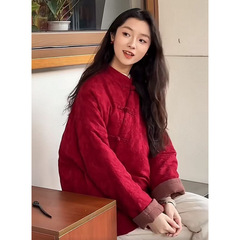 烟花新中式麻棉斜襟廓形宽松棉服袍子