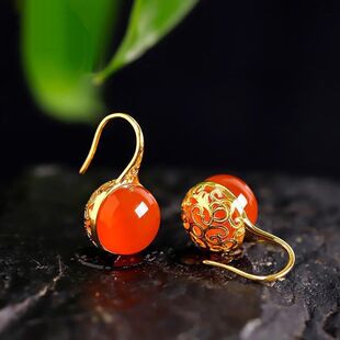 Natural Baoshan Southern Red Earrings Ice Red Agate 925 Sterling Silver Gold-Filled Ice Transparent Fluorescent New Year Red Ear Jewelry