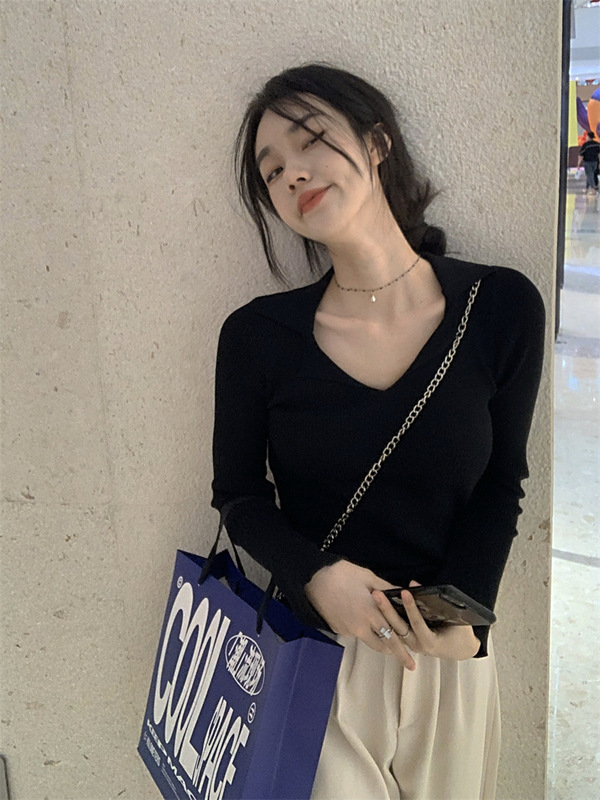 粉色长袖针织衫夏季设计感修身内搭打底衫女装polo领毛衣ins上衣|undefined