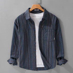 Spring Men's Japanese Style Retro Striped Simple Tooling Long-sleeved Shirt Fashionable Casual Loose Popular Men's 6158