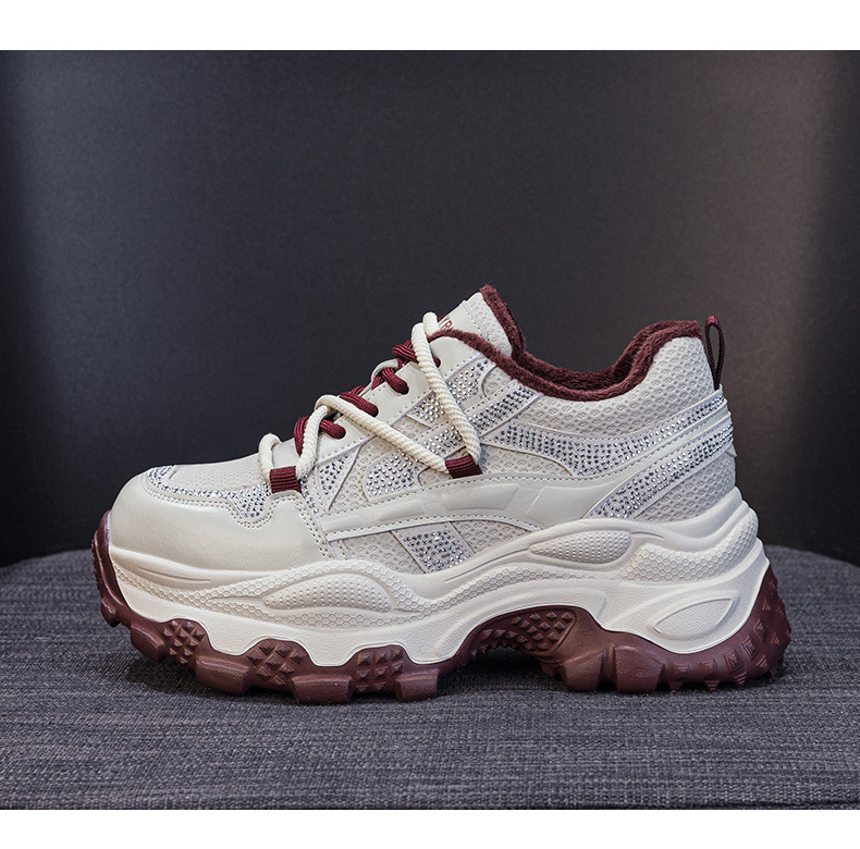 Giày sneaker nữ chunky đế dày phối đá pha lê, tăng chiều cao, siêu nhẹ, thể thao thời trang — 5022-1 đỏ lót lông, 5022 đỏ một lớp chi tiết 23