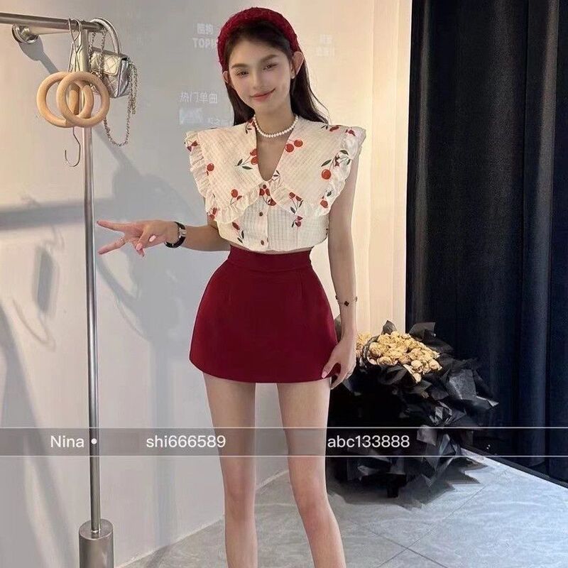 韩系甜美别致樱桃印花娃娃领衬衫上衣女夏高腰显瘦半身裙两件套装|undefined
