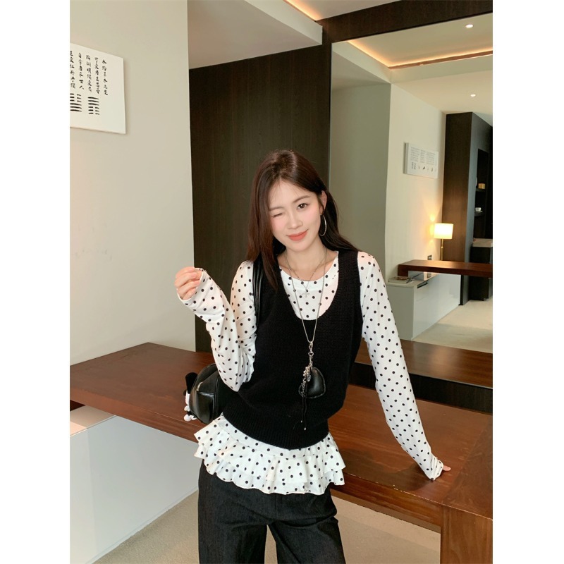 红人馆长袖t恤女2025新款秋季打底衫韩系穿搭设计感波点白色上衣|undefined