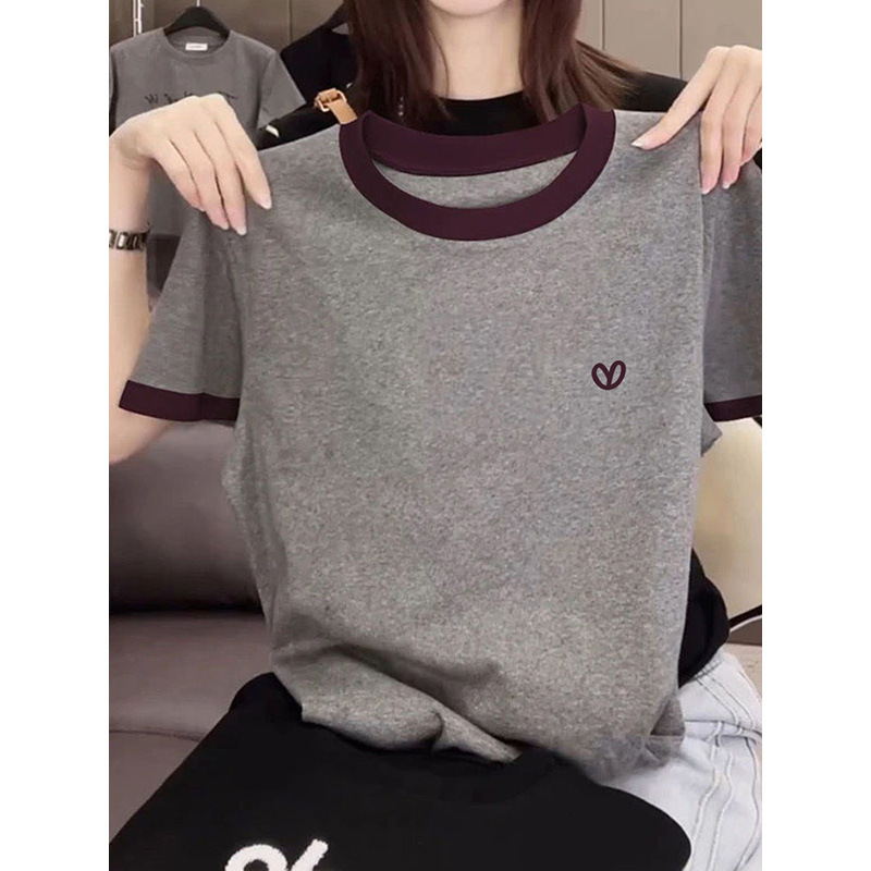 2026 New Niche Design Style Color-Blocked Pure Cotton Short-Sleeve T-Shirt for Women, Korean Fashion Casual Versatile Top