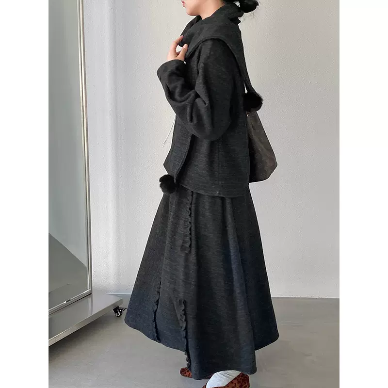 江左 复古高级感木耳边加绒套装冬季圆领长袖卫衣+半身裙 Y25365
