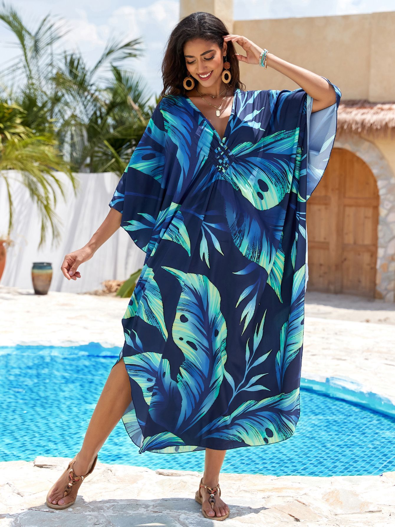 Nuevo posicionamiento de Europa y América impresa playa blusa tejida a mano V-collar vestido de vacaciones vestido largo 31 colores