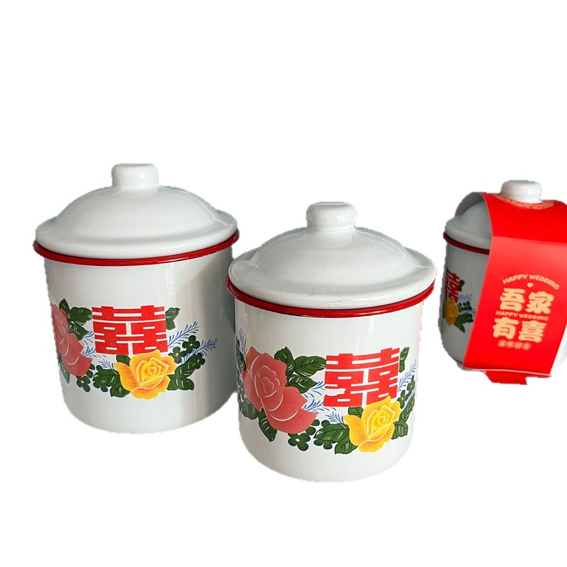 老式搪瓷红色边喜糖礼品盒花卉搪瓷杯红双喜带腰封搪瓷缸搪瓷茶杯|undefined