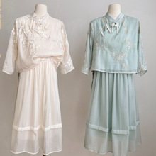 新中式国风套装裙女装夏季刺绣古风两件套禅意盘扣上衣女