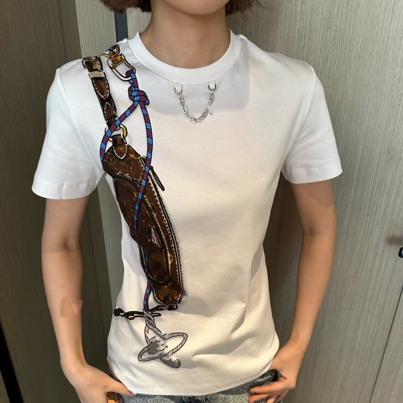European-Style Women's Fashion Monogram Waist Bag Printed Chain Pure Cotton Elegant Exquisite Short-Sleeve T-Shirt Top for Women