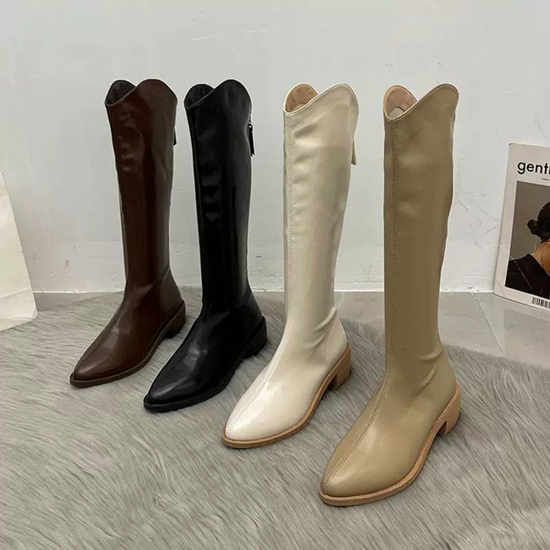 Тонкие женские сапоги в стиле ковбой, весна-осень 2025, белые, с острым носком, высокие, для небольшого роста, в стиле интернет-знаменитостей