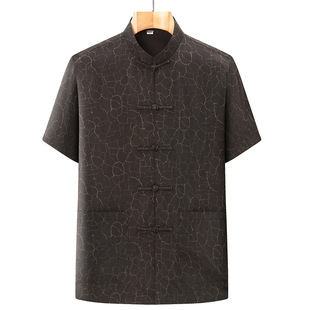 Quality Xiangyun Yarn Mulberry Silk Middle-aged and Elderly Chinese Style Tang Suit Men's Summer Silk Chinese Style Vintage Shirt Short Sleeve Suit