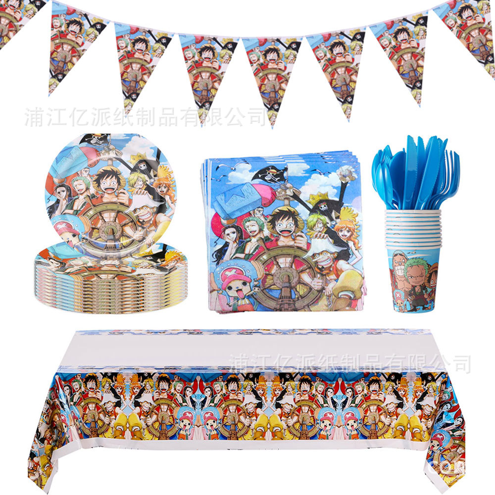 One Piece cubiertos de fiesta de cumpleaños bandeja de papel tazas toallas de papel globos pastel tapa cubiertos de fiesta de cumpleaños