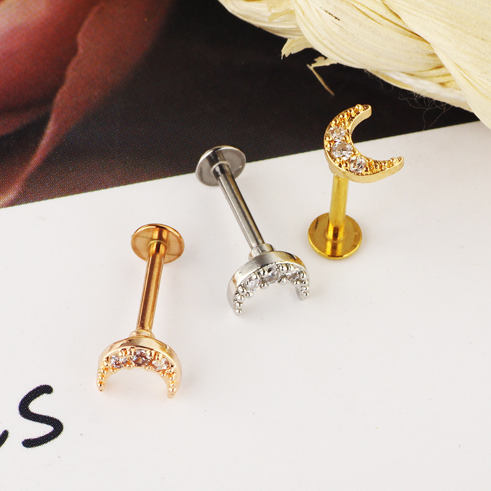 Simple Style Moon Stainless Steel Zircon lip stud Ear Studs 1 Piece