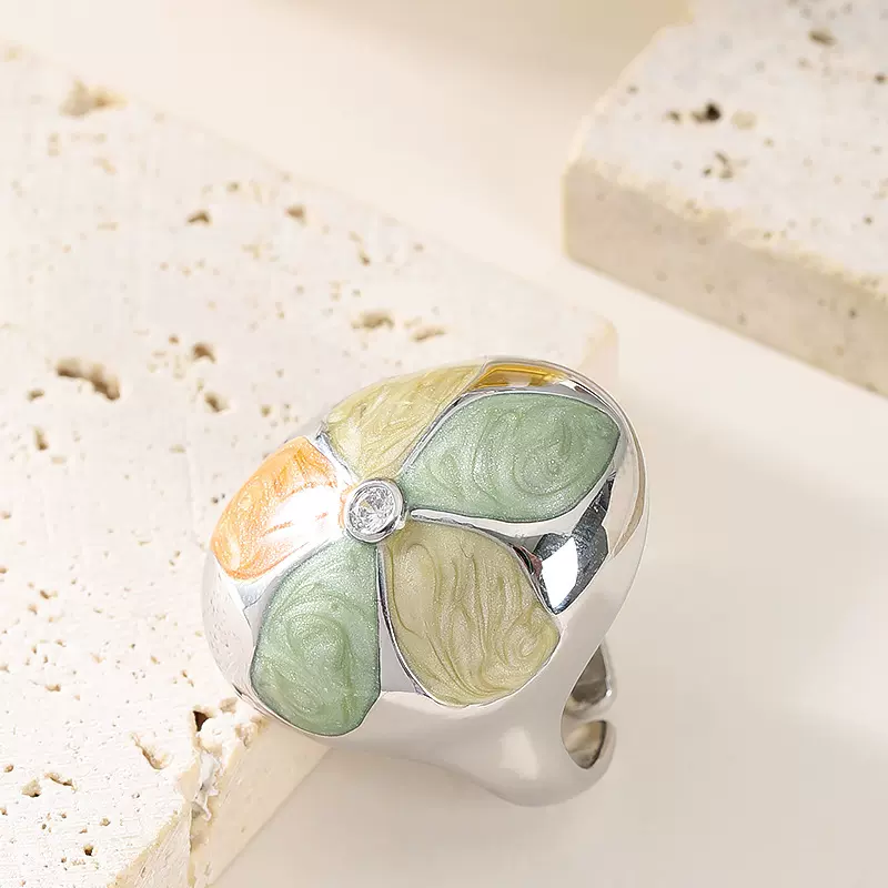 法式优雅精致小香风撞色滴釉花卉开口戒指女小众设计中古风食指戒