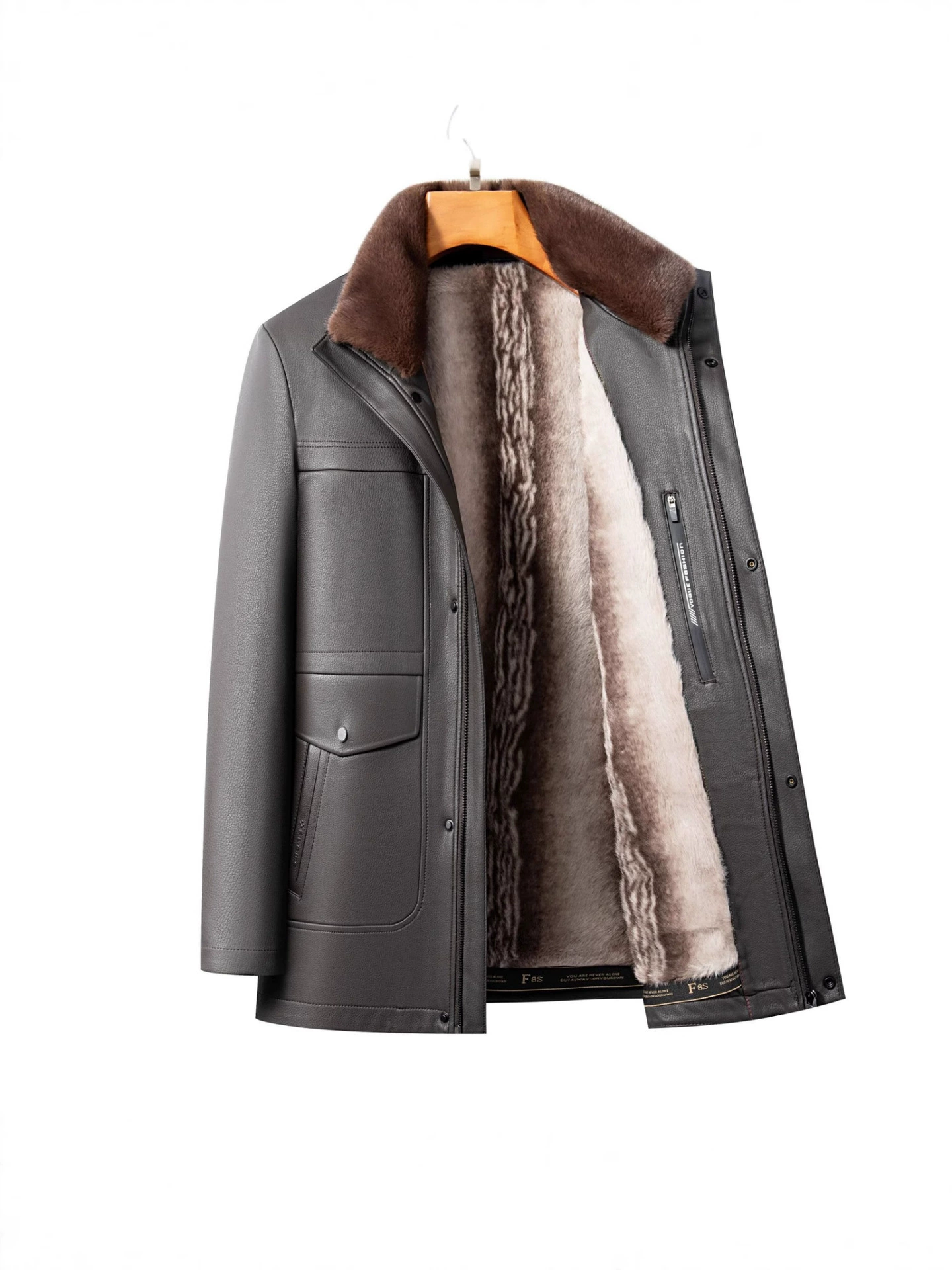 Winter warm long jacket, genuine leather, for middle-aged man, mid-length