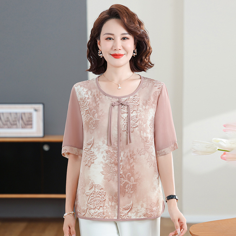 ママの夏半袖シャツ2025外国風新国民風50歳中高年女性の夏の新しい中国風Tシャツ|undefined
