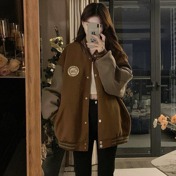美式学院风棒球服外套女春秋季新款复古拼色炸街chic港风夹克上衣|undefined