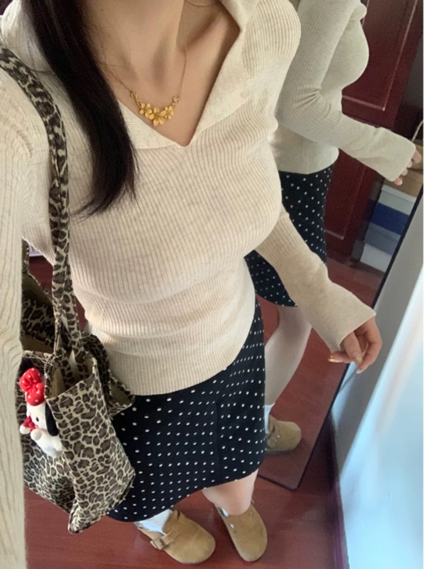法式露锁骨针织衫打底衫女秋季内搭Polo翻领修身显瘦软糯长袖上衣|undefined