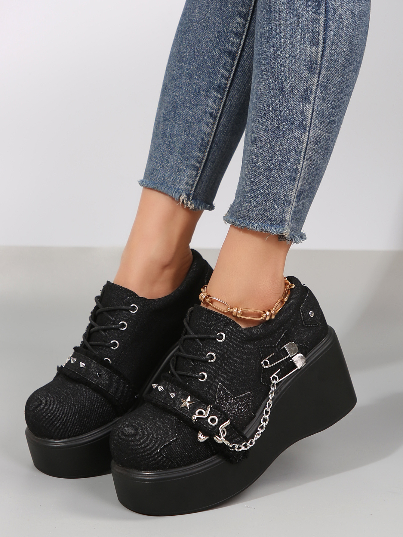 Women's Platform Wedge Mary Jane Shoes With Rivet Detail Denim_voghion.com