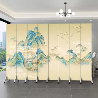 千里江山图隔断屏风办公室可折叠茶室酒店山水画屏风隔断客厅定制