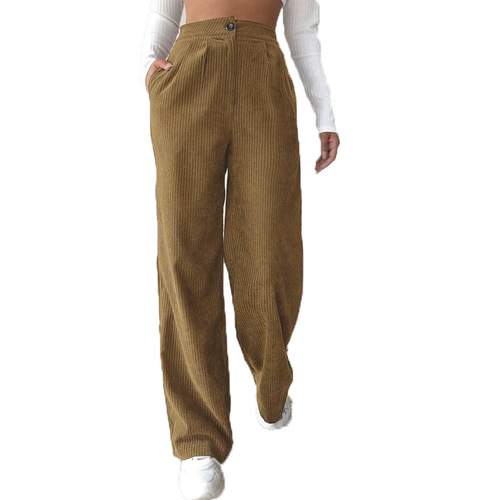 2023 Amazon Autumn New Women's High Waist Casual Pants European and American Solid Color Corduroy Loose Straight Pants Women