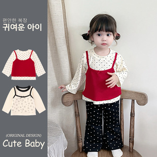 Baby Long-Sleeved Fake Two-Piece T-Shirt for Women 2025 Autum New Korean Style Girls' Tops for Spring and Autum Outer Wear 5500