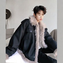 皮毛一体男皮棉衣外套冬季时尚感加厚大毛领皮棉服小众皮衣男