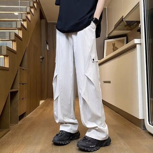 Ice-silk thin-style paratrooper workwear pants for men, trendy summer brand loose-fit straight-leg wide-leg trousers; men's pleated casual long pants.