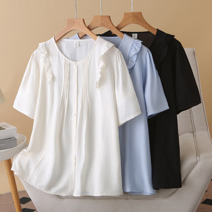 2025 Summer Plus Size Women's Shirt Short-Sleeved Lace Cardigan Thin Wrinkled Fat mm Fashion Simple Shirt 841