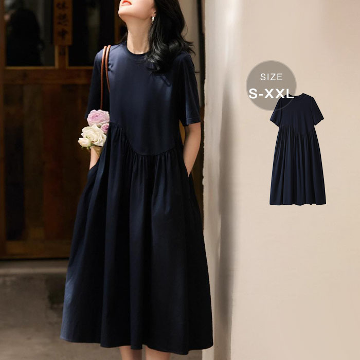 Korean and Japanese Style Lightweight Casual Dress with Structured Pleated Patchwork Design Short-Sleeve Dress/Mid-Length Dress