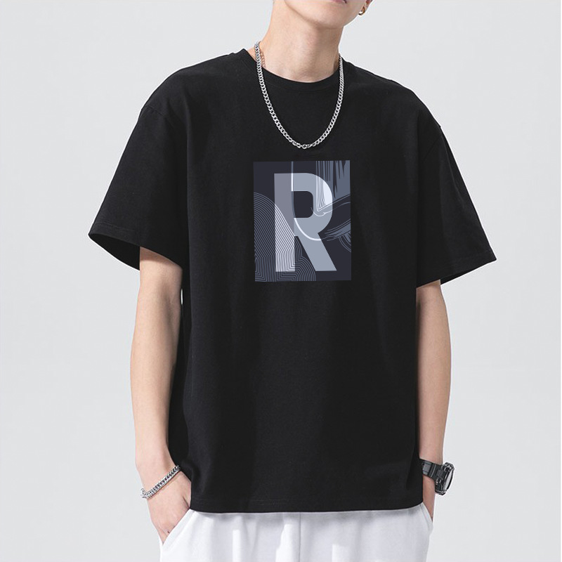 Camiseta de manga corta de los hombres de algodón de manga corta pie 230G pesada suelta marca de moda verano cuello redondo Camiseta de los hombres