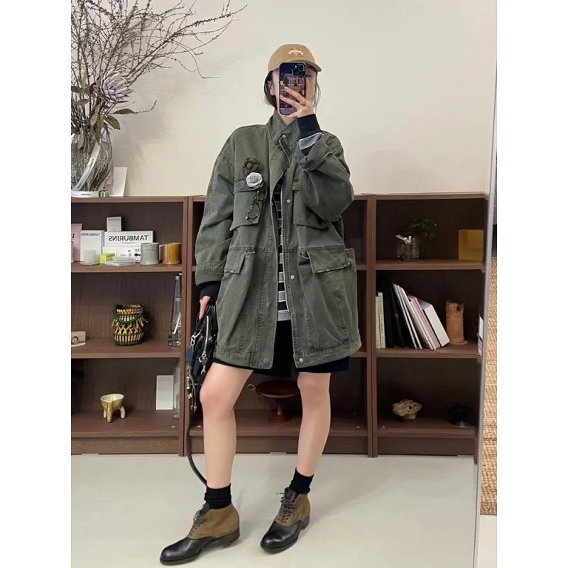 新品复古水洗做旧落肩工装牛仔外套女多口袋小众设计感宽松夹克|undefined