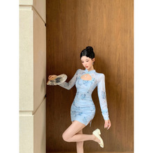 秋季新款新中式气质性感镂空褶皱网纱印花修身包臀旗袍连衣裙短款