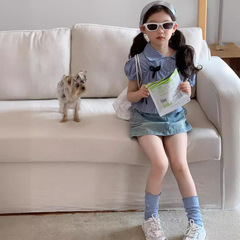 Korean Children's Summer 2024 Blue Striped Short-Sleeve Shirt for Girls, Junior Size with Bow Tie Collar and Doll Shirt