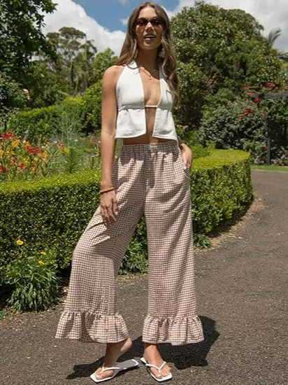 European and American Cross-Border Women's Fashion New High-Waisted Casual Plaid Trousers Summer Home Vacation Style Fashionable Versatile Wide-Leg Pants